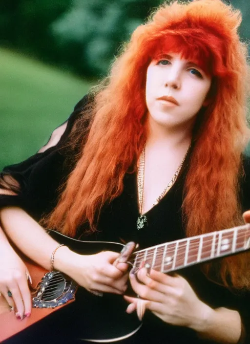 Image similar to dslr portrait photo still of 2 4 year old stevie nicks at age 2 4 with red hair playing a guitar, 8 5 mm, f 1. 8