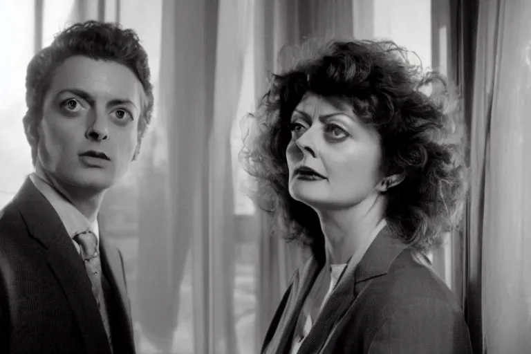 Prompt: a young susan sarandon in a tailored red suit is staring out of a plate glass window. outside is the surface of the moon, mining operations are visible. sci fi, futuristic, cinematic, soft lighting