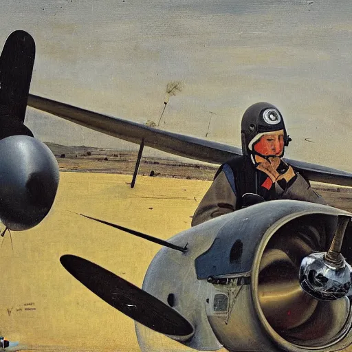 Prompt: oil painting by hieronymous bosch of a pilot preparing for take - off in p - 5 1 mustang.