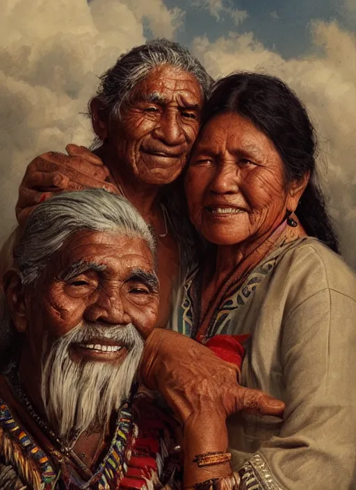 Image similar to portrait of an indigenous amazonian grandfather and grandmother in the clouds, smiling, protection, benevolence, ancestors, detailed faces, art by greg rutkowski