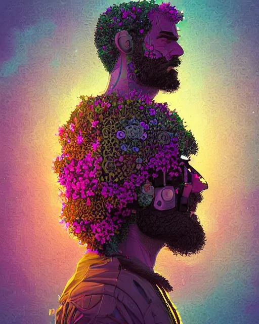 Image similar to a realistic ultradetailed digital painting of a man with flowers in his beard, profile, cyberpunk art by beeple, behance contest winner, retrofuturism, voxel art, # pixelart, dystopian art