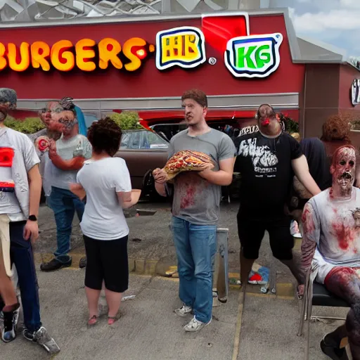 Prompt: Zombies waiting at a Burger King to eat lunch,