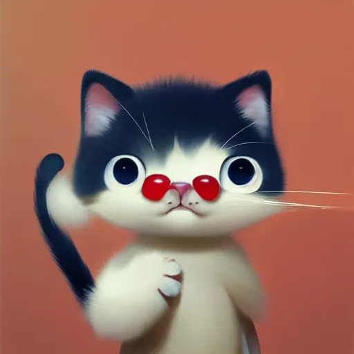 Image similar to Goro Fujita ilustration a very pretty baby cat, with fluffy white fur on top of fresh fruit, painting by Goro Fujita, sharp focus, highly detailed, ArtStation