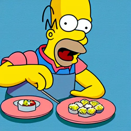 Image similar to homer simpson eating sushi, cartoon style.