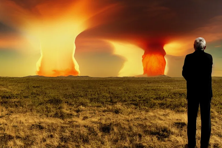 Image similar to old man watching a nuclear explosion, 4k