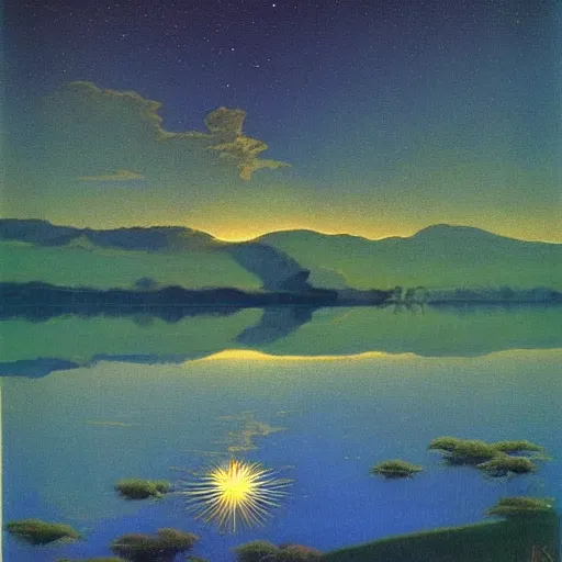 Prompt: night sky reflected in the water, landscape photo by maxfield - parrish