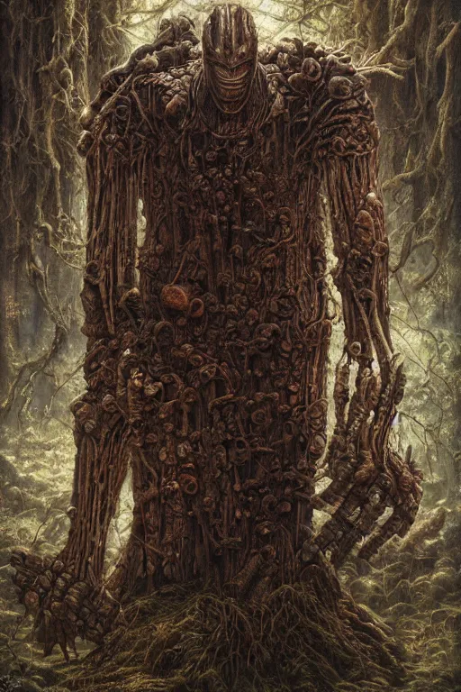 Prompt: a rusted swamp knight contorted with wood and sludge by tomasz alen kopera.