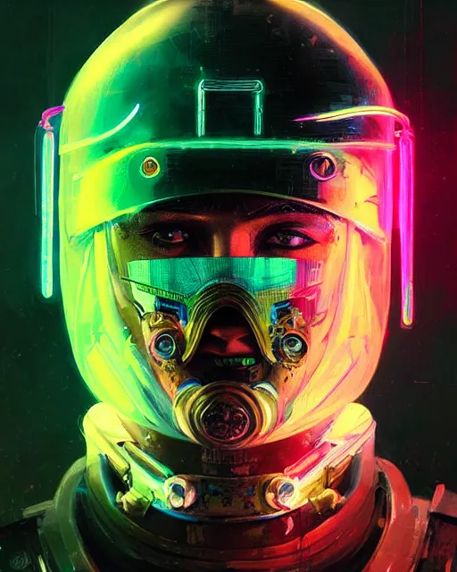 Image similar to detailed portrait cyberpunk helmet futuristic neon, reflective green coats, decorated with traditional japanese ornaments by Ismail inceoglu dragan bibin hans thoma greg rutkowski Alexandros Pyromallis Nekro Rene Maritte Illustrated, Perfect face, fine details, realistic shaded, fine-face, pretty face