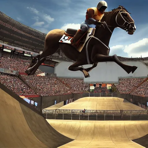 Image similar to roman horse with chariot racer high jumping in a skate park half-pipe, video game cover, intense, high detail, crowd cheering, Tony Hawk