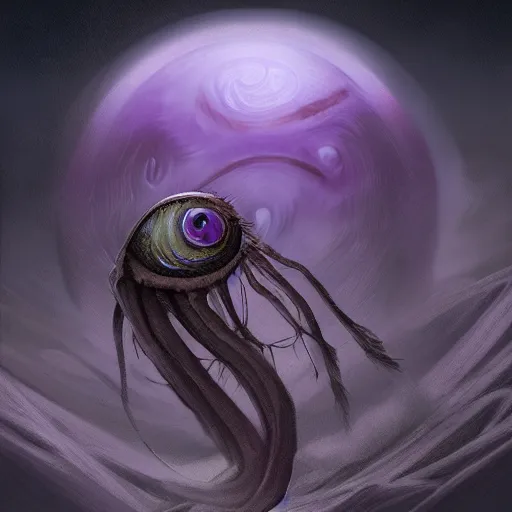 Prompt: epic portrait an giant eyeball with giant arms watching the purple foggy dark landscapes, sand, purple dark foggy sky, digital painting, artstation, concept art, soft light, hdri, smooth, sharp focus, illustration, fantasy, intricate, elegant, highly detailed, D&D, matte painting, in the style of Greg Rutkowski and Alphonse Mucha and artemisia, 8k, highly detailed, jurgens, rutkowski, bouguereau, pastoral, rustic, georgic