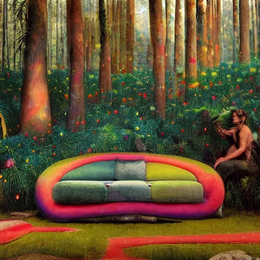 Prompt: psychedelic couch sofa in the lush pine forest, milky way, designed by arnold bocklin, jules bastien - lepage, tarsila do amaral, wayne barlowe and gustave baumann, cheval michael, trending on artstation, canada, star, sharp focus, colorful refracted sparkles and lines, soft light, 8 k 4 k