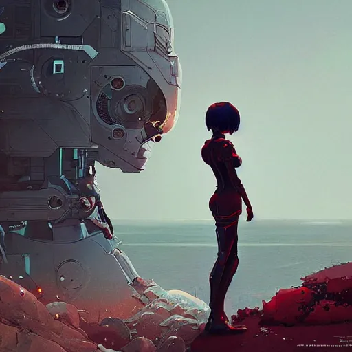 Image similar to lonely robot seeks friend, intricate complexity, by greg rutkowski, artgerm, ross tran, conrad roset, takato yomamoto, ilya kuvshinov. 4 k, beautiful, cinematic dramatic atmosphere