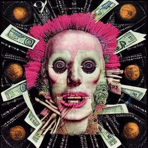 Image similar to post - punk new age album cover, asymmetrical design, dollar bank notes, capitalism, magic, apocalypse, psychedelic, black white pink, magic, giger h. r., giuseppe arcimboldo