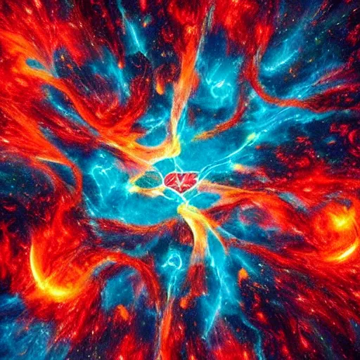 Prompt: blood pumping heart cosmic flames pulsing with life