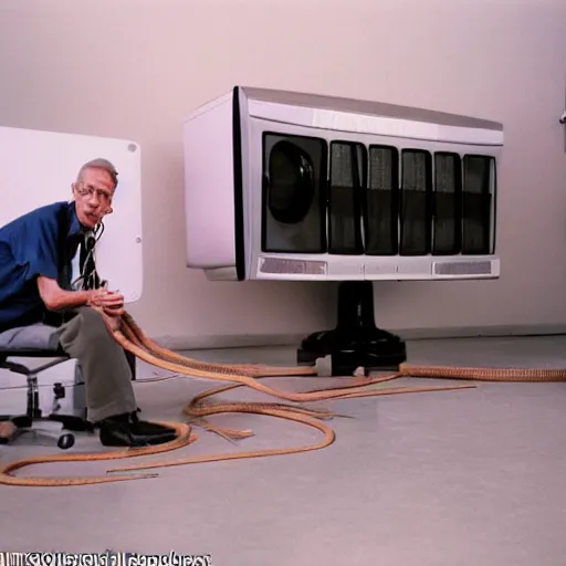 Image similar to In an call centre office, A skinny old Man with a old television strapped to his back ,flexible industrial pipes join his ears and mouth to the television, fibres trial on the floor ,Kodak portra 400