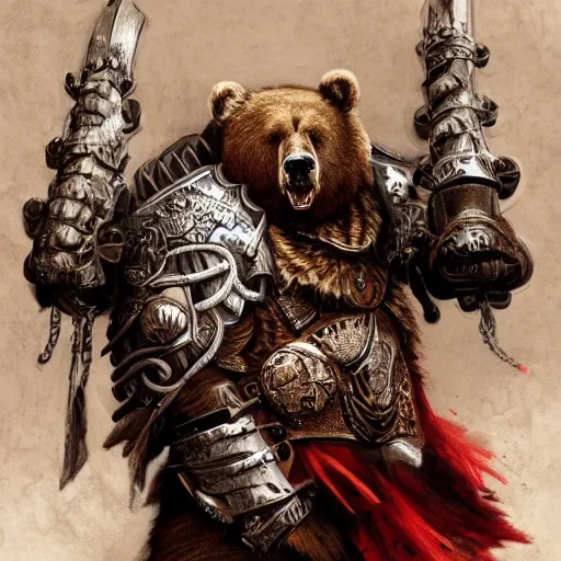 Prompt: Anthropomorphized Roaring Bear in full armor carrying big Axe, full body, menacing pose, concept art, insanely detailed and intricate, hypermaximalist, elegant, ornate, hyper realistic, super detailed, tribal red atmosphere, Art Deco, cinematic, trending on artstation, magic the gathering artwork