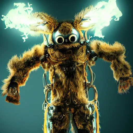 Image similar to human mole chimera, furry, extremely detailed, large rabbit ears, extremely detailed fur, intricate neon circuit pattern, exoskeleton mecha suit, cyborg, surrounded by fire, time travel, lightning arc plama, futuristic, ultra detailed, 8 k, ultra realistic, cinematic atmosphere, unreal engine, octane render, trending on artstation, cgi, photorealistic