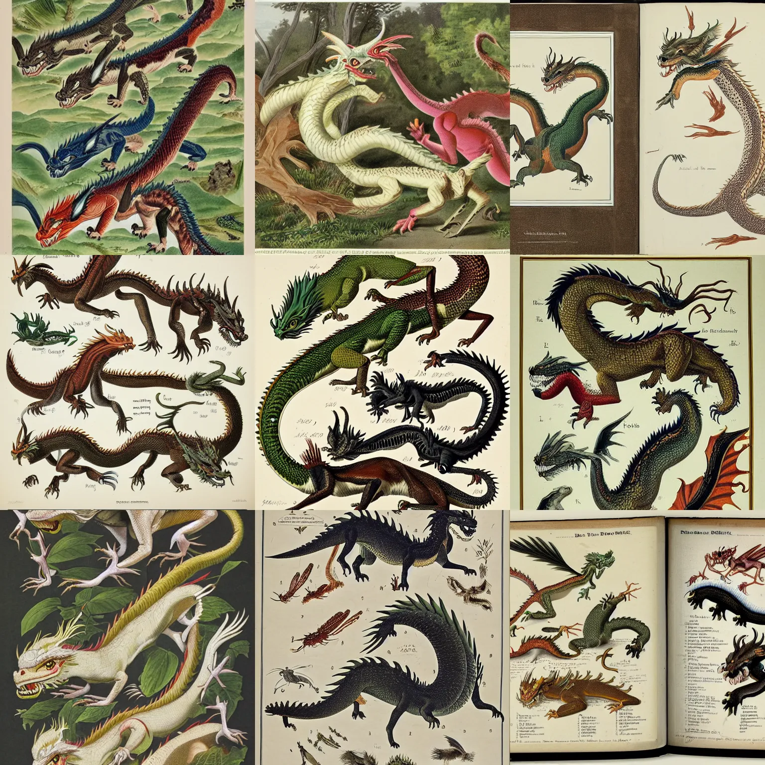 Prompt: field guide for identifying diffrent species of dragon, showing an example of a male and female of each species, by john james audubon