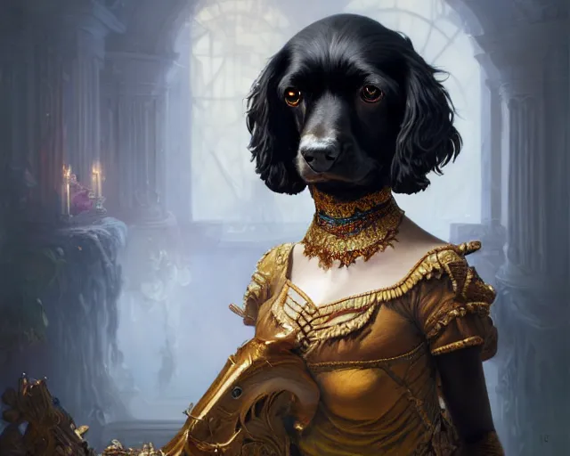 Prompt: photography of a anthropomorphic black cocker spaniel woman, deep focus, d & d, fantasy, intricate, elegant, highly detailed, digital painting, artstation, concept art, matte, sharp focus, illustration, hearthstone, art by artgerm and greg rutkowski and alphonse mucha