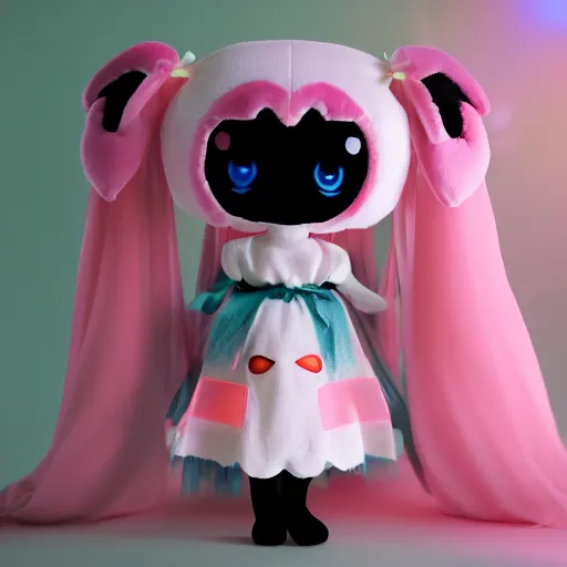 Image similar to cute fumo plush girl who has bioluminescent eyes, jelly glow, emissive bssrdf, pitch black, vray