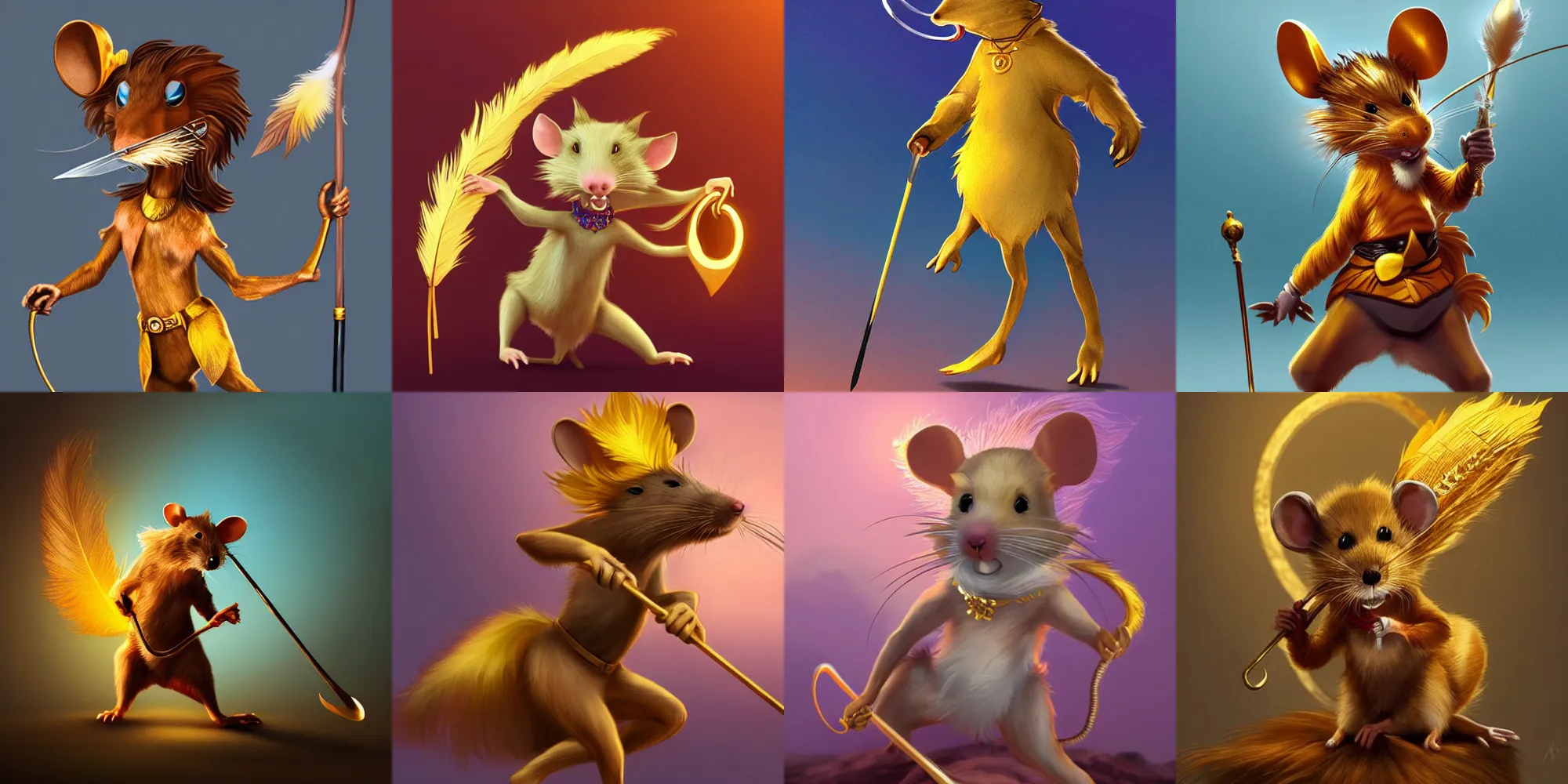 Prompt: anthropomorphic Rat with a filigran golden diadem that has a golden feather sticking out from it, in an action pose, with epee in hand, sunset lighting, trending on Artstation