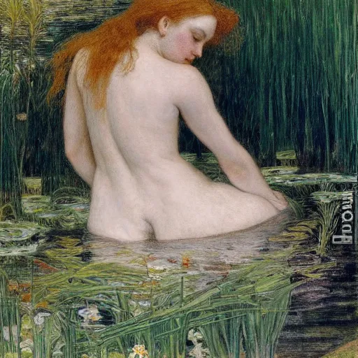 Prompt: breathtaking masterpiece of art, elizabeth eleanor siddall as ophelia floating on the water in wet flowing clothes amongst the reeds by william holman hunt and rosetti, 8 k