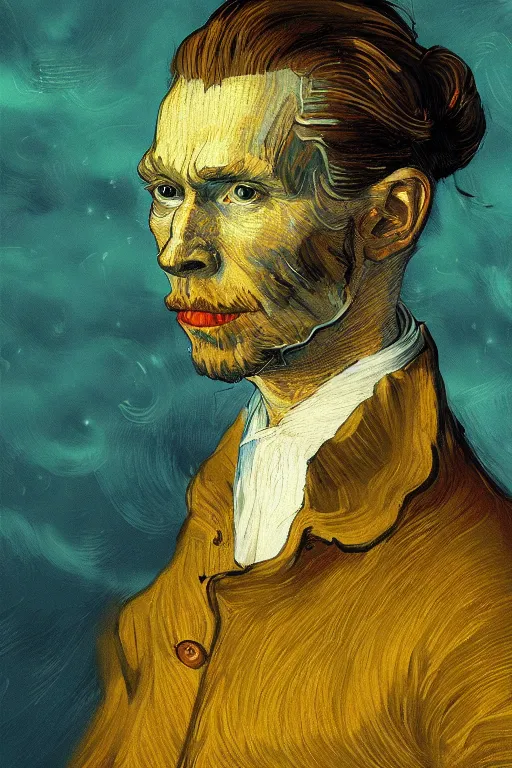 Prompt: portrait of van goh wearing high fashion, staring directly into camera, intricate, elegant, glowing lights, highly detailed, digital painting, artstation, sharp focus, illustration, art by wlop, mars ravelo and greg rutkowski