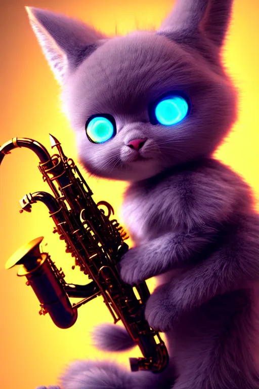 Image similar to high quality 3 d render very cute fluffy cyborg! cat plays saxophone, cyberpunk highly detailed, unreal engine cinematic smooth, in the style of blade runner & detective pikachu, hannah yata charlie immer, moody light, low angle, uhd 8 k, sharp focus