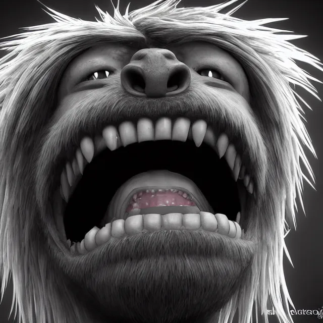 Image similar to perfectly centered portrait, happy hairy monster laughing, candid photography, by anne stokes, highly detailed, unreal engine 5