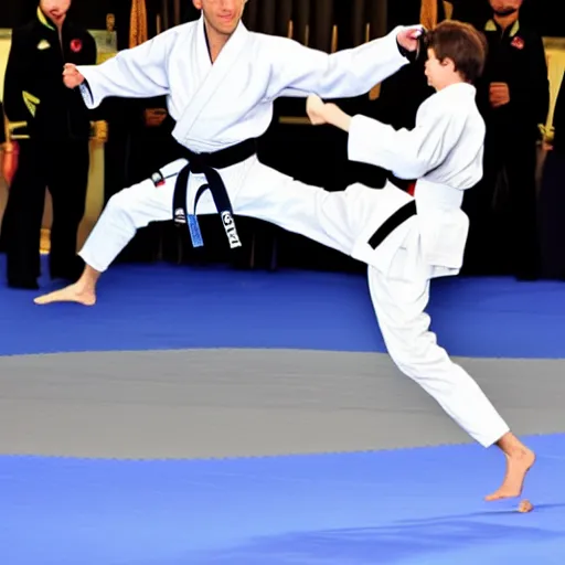 Prompt: emmanuel macron doing tae kwon do