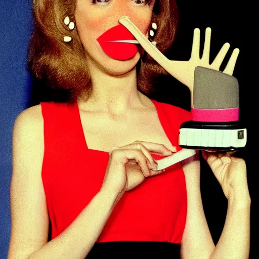 Prompt: 1983 happy woman on tv showwith a long prosthetic snout nose, big nostrils, wearing a dress in a cafe 1983 color archival footage color film 16mm Fellini Almodovar John Waters Russ Meyer with hand puppet