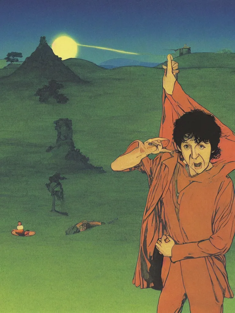 Prompt: an image of paul mccartney as frodo from the lord of the rings, taking mind altering drugs, a blotter paper of lsd acid and dreaming psychedelic hallucinations in the vast shire landscape, by kawase hasui, moebius, edward hopper, colorful flat surreal design, dramatic lighting, hd, 8 k, artstation