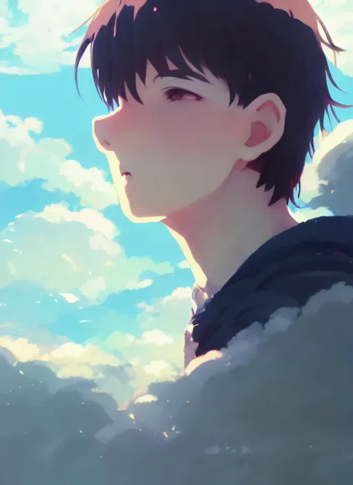 Image similar to portrait of cute boy, cloudy sky background lush landscape illustration concept art anime key visual trending pixiv fanbox by wlop and greg rutkowski and makoto shinkai and studio ghibli