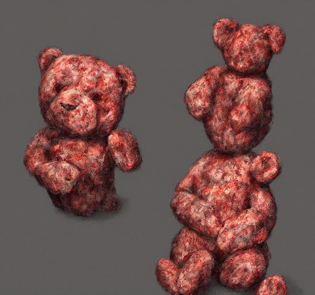 Image similar to digital art hyper realism body horror studio lighting strawberry teddy bear