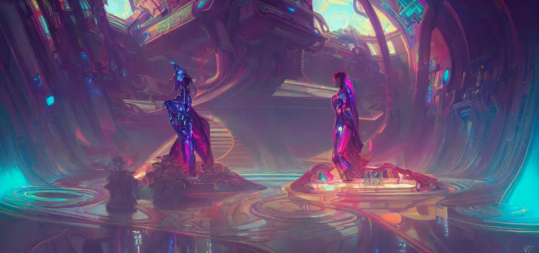 Image similar to a cybernetic temple, vaporwave aesthetic, colorful, psychedelic, digital painting, artstation, concept art, smooth, sharp focus, illustration, art by artgerm and greg rutkowski and alphonse mucha