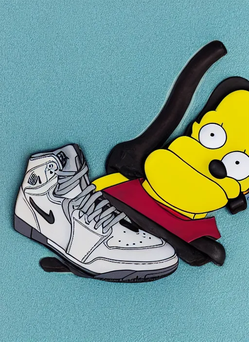 Image similar to hyperrealistic and heavy detailed product photo jordan shoe of homer simpson in front of white back drop, whole shoe is in picture, leica sl 2 5 0 mm, vivid color, high quality, high textured, real life,