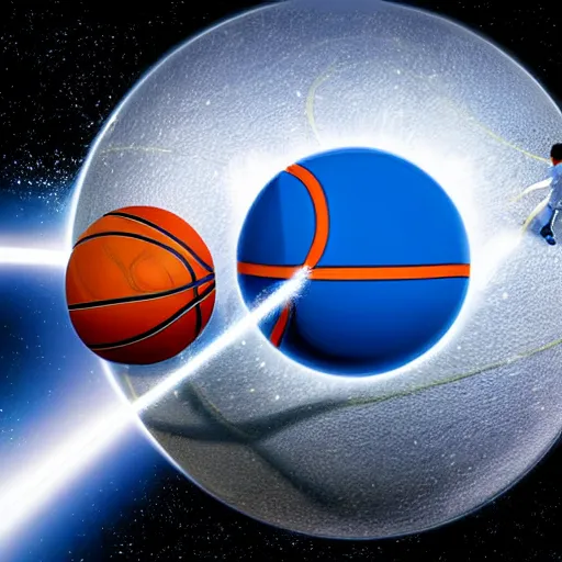 Prompt: Epic basketball shot from space into a hoop on earth, highly detailed, concept art, shiny ball, focus on earth, blurry basketball player