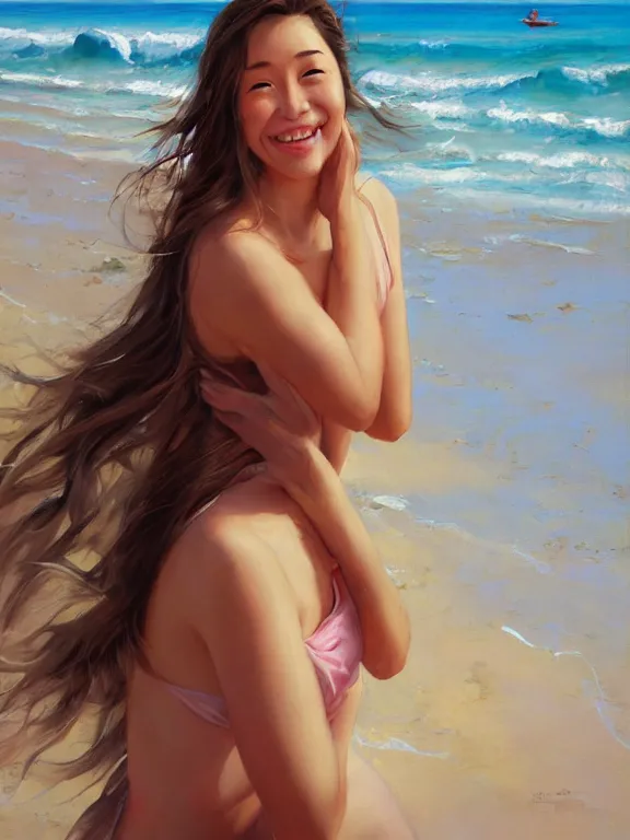 Prompt: Classical oil painting of a smiling woman on the beach near the ocean, stylistic, brush strokes, oil, canvas, beautiful portrait, anime portrait, official anime artwork, by Stanley Artgerm Lau, WLOP, Rossdraws, James Jean, Andrei Riabovitchev, Marc Simonetti, and Sakimi chan