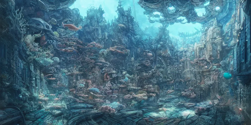 Image similar to masterpiece artwork of a underwater city inside of aquarium, hyper detailed, art, trending in artstation, behance, deviantart, art style by kim jung gi and greg rutkowski