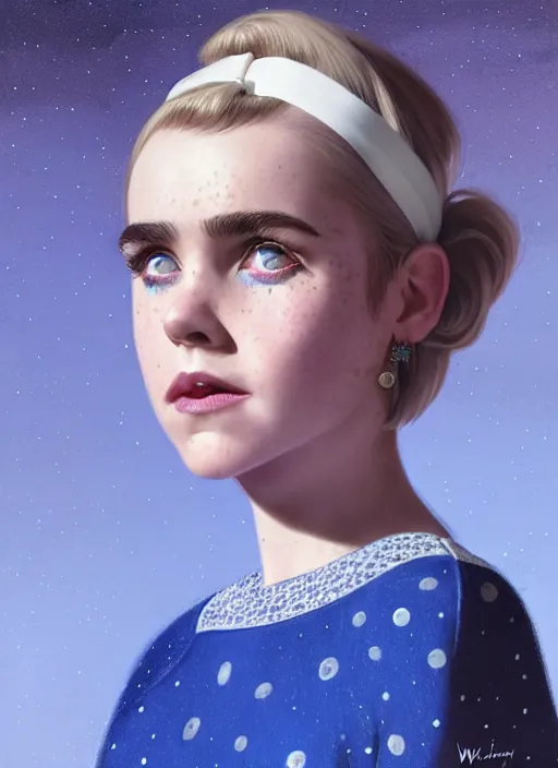 Image similar to portrait of kiernan shipka with freckles, white hair, big 1 9 6 0 s bob hairstyle with bangs and hairband, blue 1 9 6 0 s dress, intricate, elegant, glowing lights, highly detailed, digital painting, artstation, concept art, smooth, sharp focus, illustration, art by wlop, mars ravelo and greg rutkowski