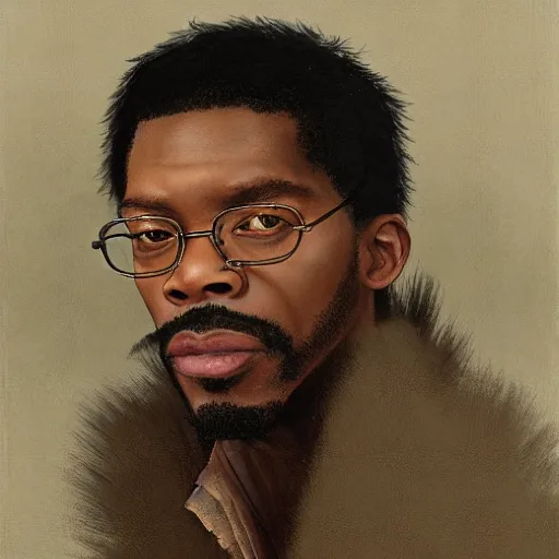 Image similar to Portrait Portrait of Pootie Tang the Guy emerging from poofy tigerskin coat whilst standing atop a cloud-covered mountain peak greg rutkowski dan witz paul klee andrew wyeth tom bagshaw stanton feng bastien lecouffe-deharme tombow oil painting