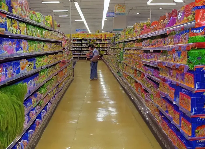 Image similar to the episode of supermarket sweep where the aisles are filled with nickelodeon slime hd