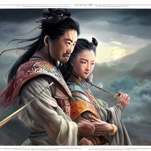 Image similar to dynamic composition, motion, ultra-detailed, incredibly detailed, a lot of details, amazing fine details and brush strokes, colorful and grayish palette, smooth, HD semirealistic anime CG concept art digital painting, watercolor oil painting of meadow and sunrise, from Three Kingdoms, by a Chinese artist at ArtStation, by Huang Guangjian, Fenghua Zhong, Ruan Jia, Xin Jin and Wei Chang. Realistic artwork of a Chinese videogame, gradients, gentle an harmonic grayish colors.