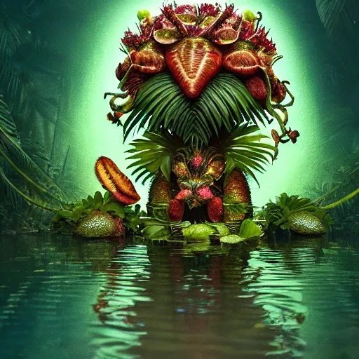 Image similar to tropical fruit creature in a lush trunda vegetation, water reflection, night, backlit, warm tones, bioluminescent : by michal karcz, daniel merriam, victo ngai and guillermo del toro : ornate, dynamic, particulate, intricate, elegant, highly detailed, centered, artstation, smooth, sharp focus, octane render