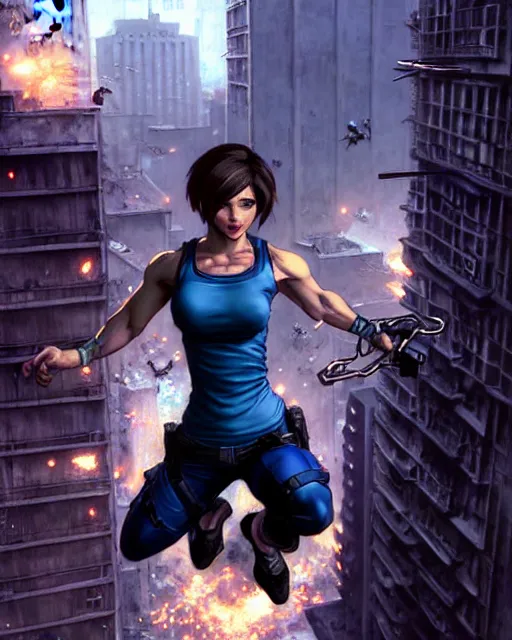 Image similar to gigachad jill valentine bodybuilder jumping from a building fighting in racoon city, fantasy character portrait, ultra realistic, anime key visual, full body concept art, intricate details, highly detailed by greg rutkowski, ilya kuvshinov, gaston bussiere, craig mullins, simon bisley