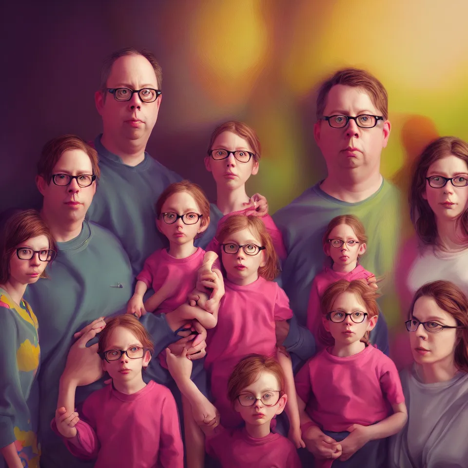 Image similar to bright realistic todd solondz family photo, diffuse lighting, fantasy, intricate, elegant, highly detailed, lifelike, photorealistic, digital painting, artstation, illustration, concept art, smooth, sharp focus, art by francis bacon