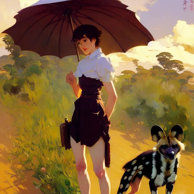 Image similar to a female character inspired by an african wild dog, short hair, basic background, krenz cushart, mucha, ghibli, by joaquin sorolla rhads leyendecker, by ohara koson