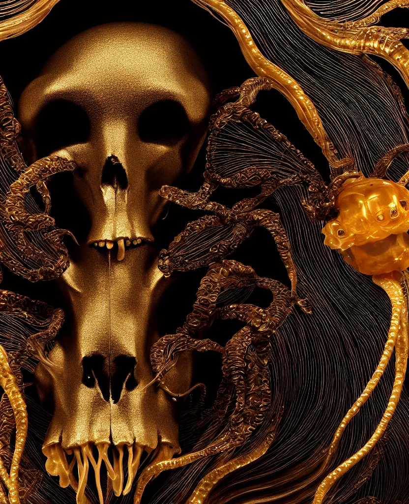 Image similar to black background. goddess princess face close-up portrait ram skull. sculpture made of gold and brilliants. jellyfish phoenix head, nautilus, orchid, skull, betta fish, bioluminiscent creatures, intricate artwork by Tooth Wu and wlop and beeple. octane render, trending on artstation, greg rutkowski very coherent symmetrical artwork. cinematic, hyper realism, high detail, octane render, 8k