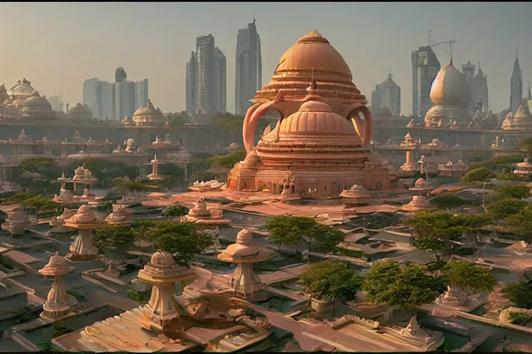 Image similar to beautiful futuristic new delhi, sharp sci - fi ganesha!! building, kalighat flowers, octane highly detailed cinematic, stephen shore & john j. park, soft morning light, wide shot, aerial shot, uhd 8 k, shallow depth of field