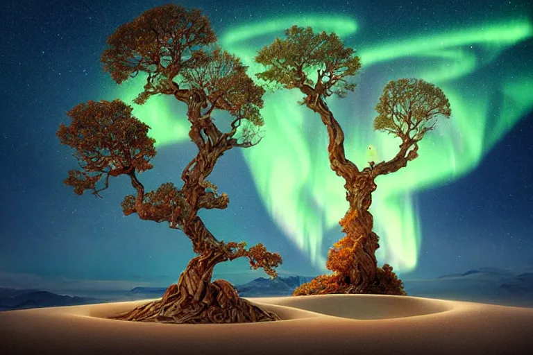 Image similar to caressed by the music of the spheres, sound pours forth like an aurora of gnostic time knowledge, celestial love touches every star, a zen raked sand garden with an autumn maple bonsai that is yggdrasil by jessica rossier